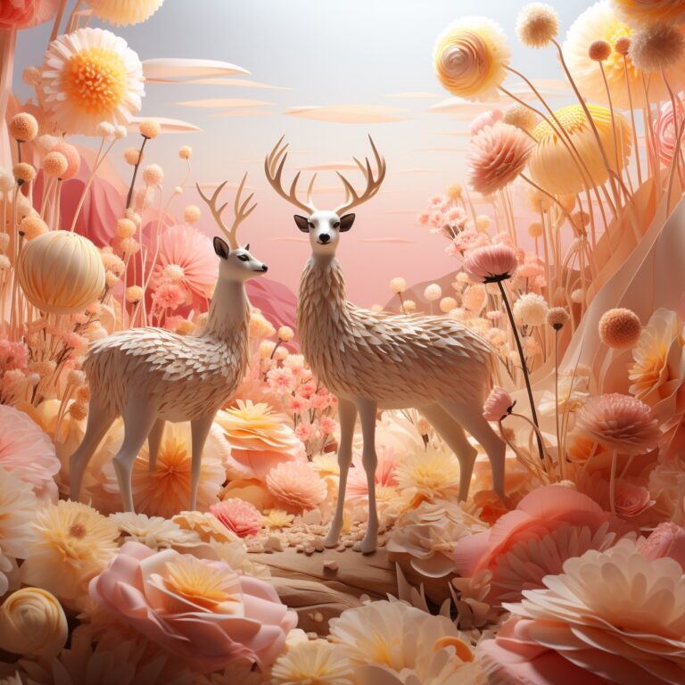 Zwei schlanke Tiere begegnen sich in einer lichtdurchfluteten Landschaft aus apricotfarbenen Blüten und hohen, feinen Stielen.