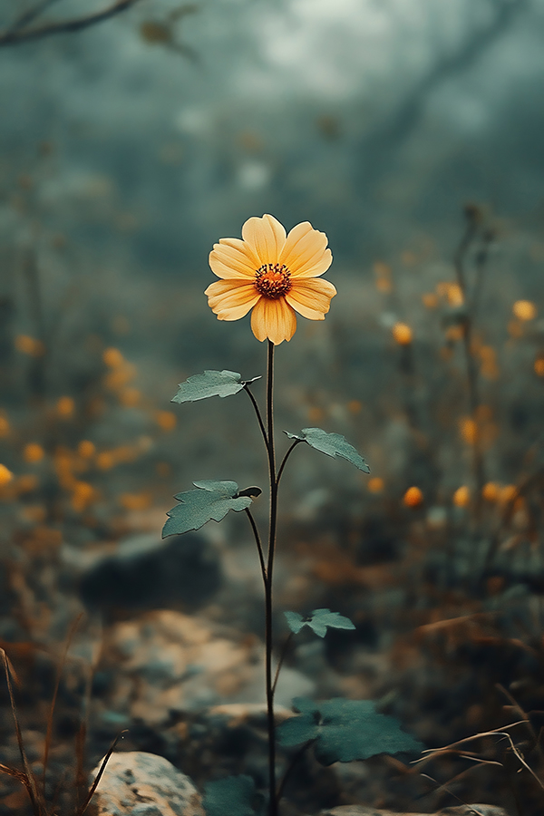 Eine einzelne gelbe Blüte steht auf einem langen Stiel in einer weich gezeichneten, dunklen Gartenlandschaft.