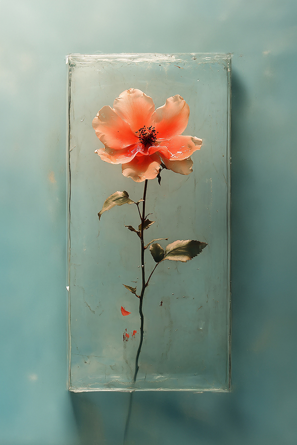 Eine einzelne korallfarbene Blüte steht auf einer hellen, rechteckigen Fläche vor einem türkisgrünen Hintergrund.