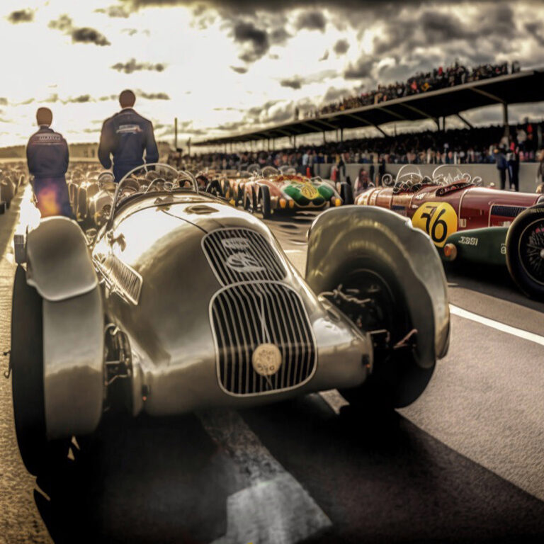 Menschen, offene Cockpits und dicht gereihte Rennwagen teilen sich das warme Licht an der Strecke.