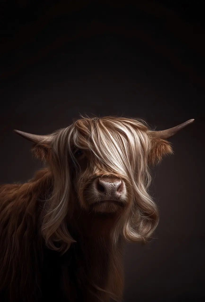 Animal Couture No. 09 – The Highlander Porträt eines zotteligen Highland-Rinds mit Hörnern und langer heller Mähne über den Augen