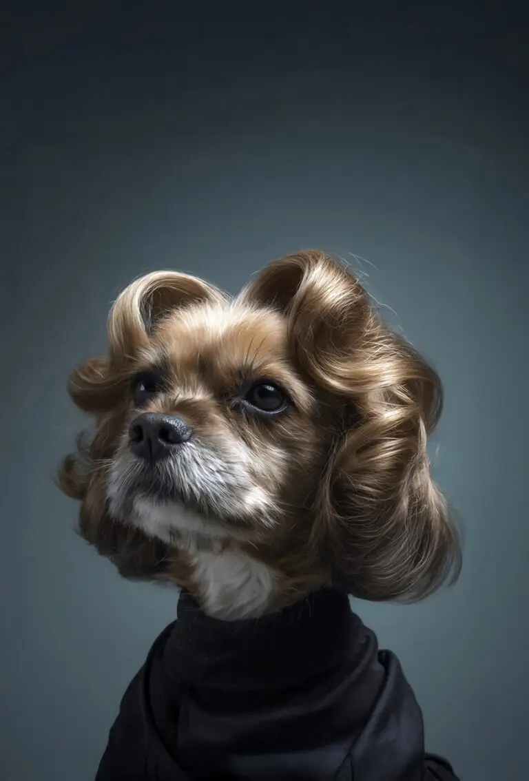 Porträt eines kleinen braun-weißen Hundes mit elegant gelegten, glänzenden Locken