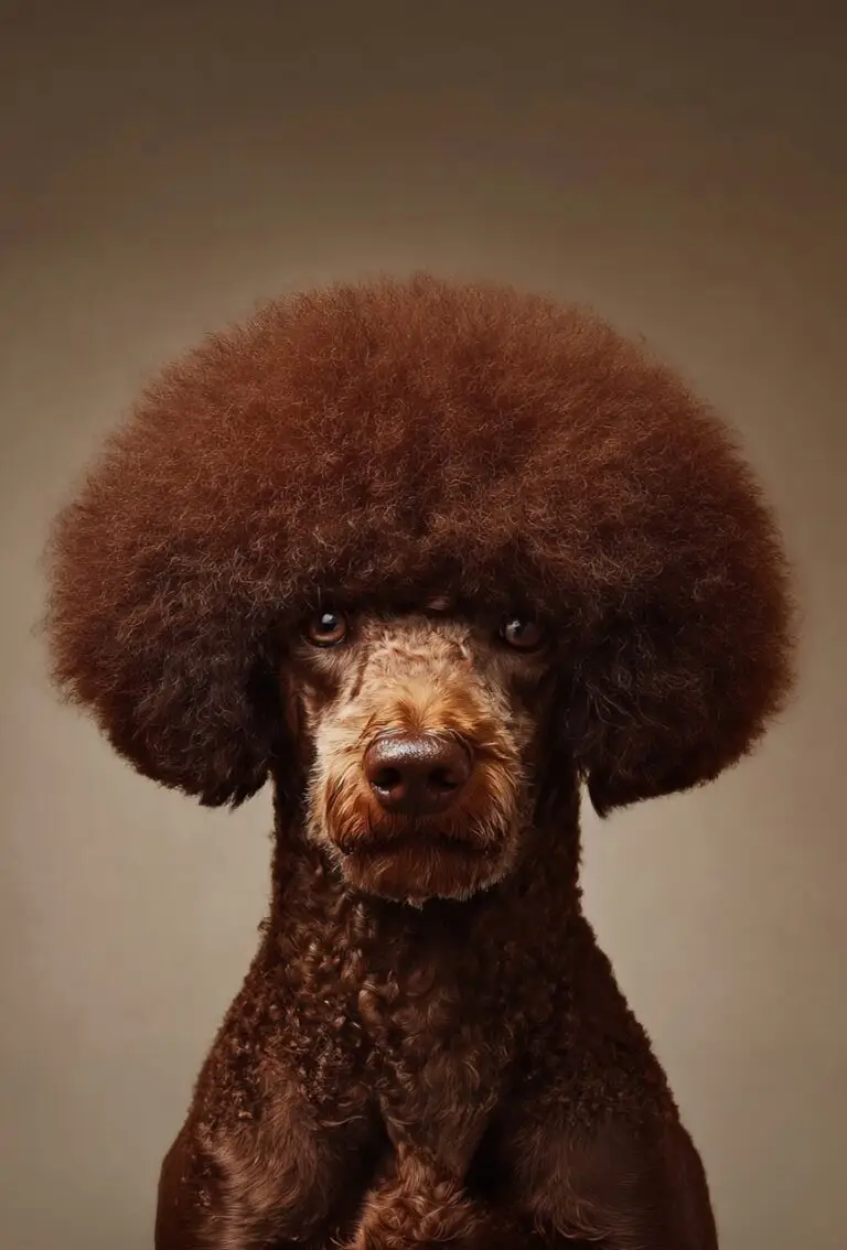 Frontales Porträt eines braunen Pudels mit großem, rundem Afro vor warmem Hintergrund
