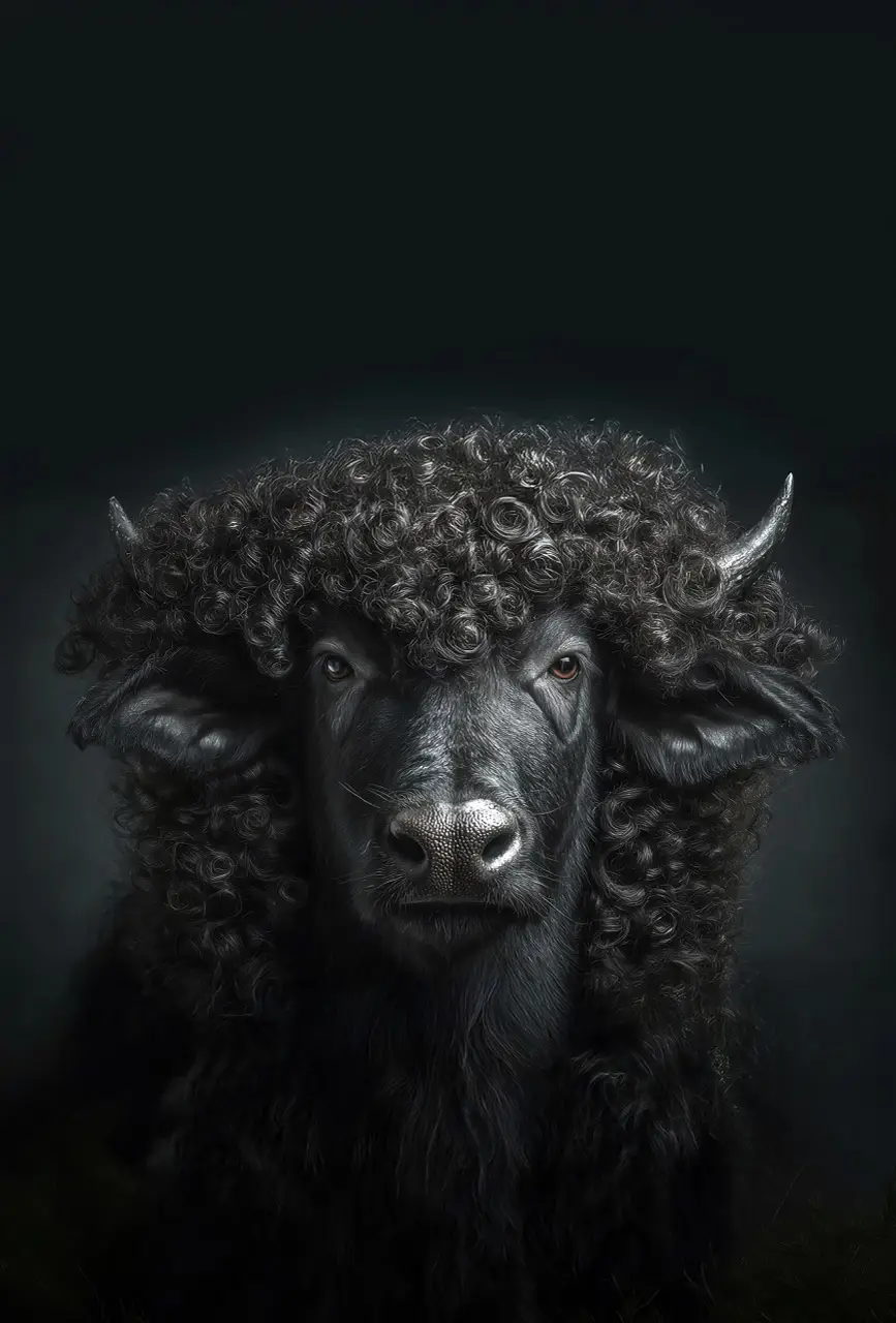 Animal Couture No. 12 – The Beast Dunkles frontales Porträt eines schwarzen Schafs mit Hörnern und dichter schwarzer Lockenpracht